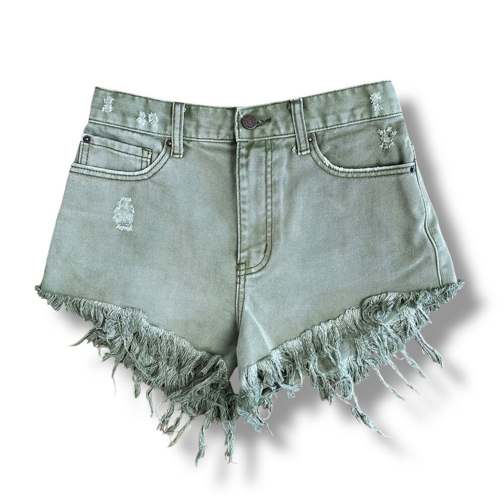 BDG Urban Outfitters Olive Green High Rise Fringe Hem Denim Shorts Women’s 24